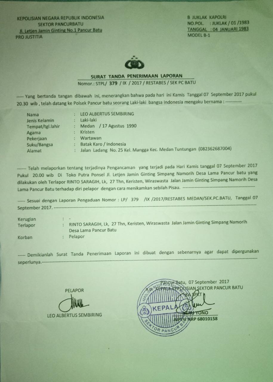 2 Tahun Laporan Pengancaman Berkarat, Kapolsek Pancur Batu Tutup Mata 