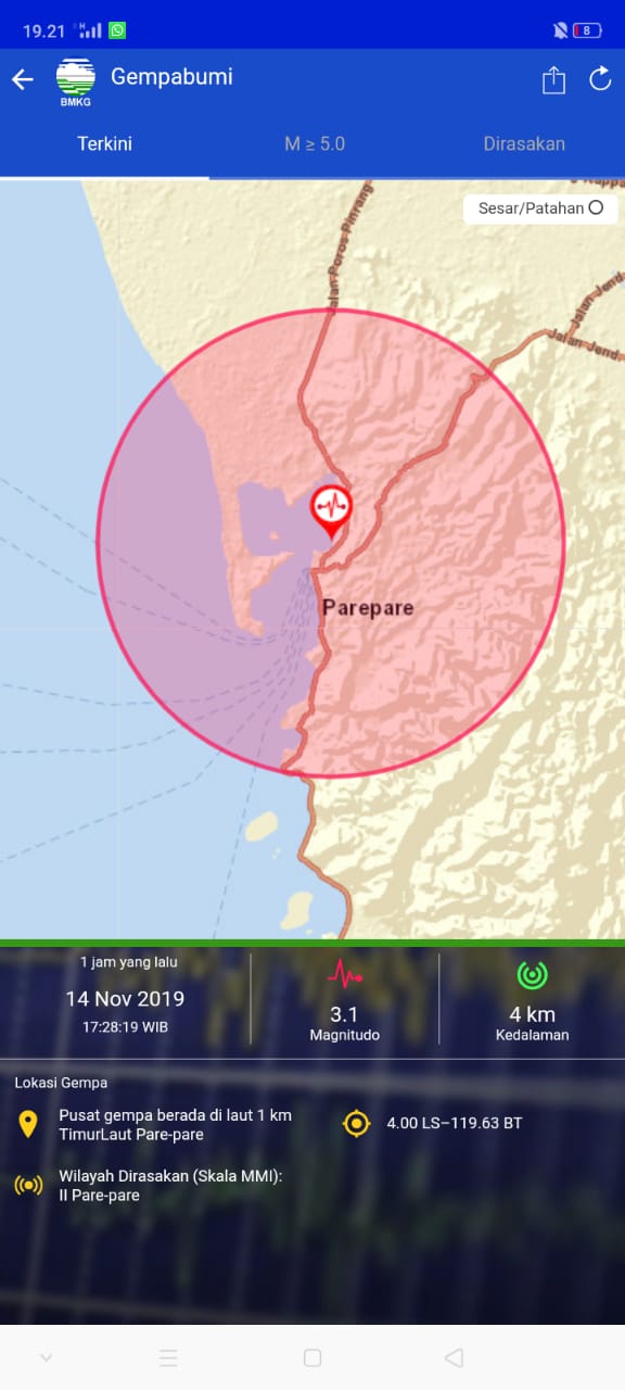 Gempa Bumi Tektonik M 3.1 Mengguncang Kota Parepare, Tidak Berpotensi Tsunami