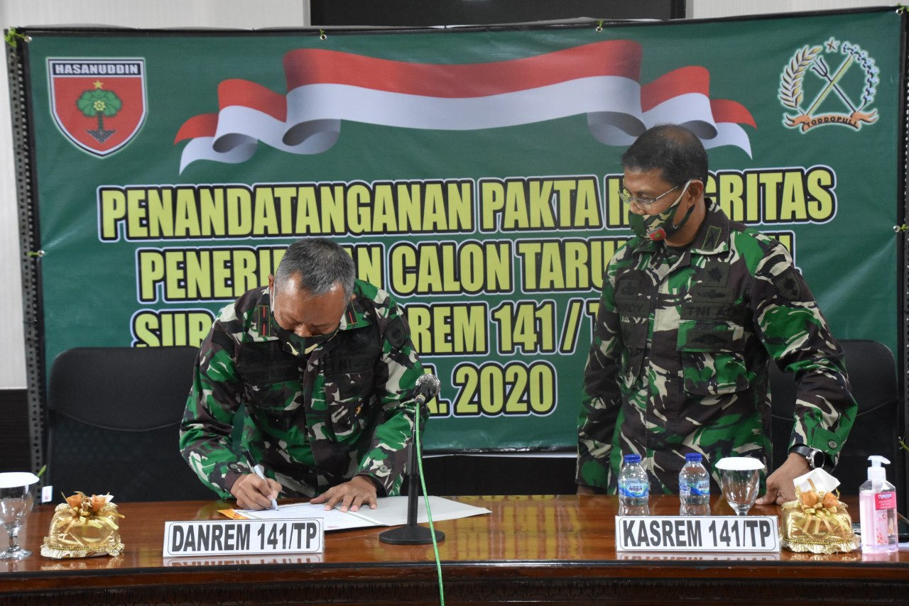 Danrem 141 Teken Penandatanganan Pakta Intregitas Penerimaan Calon Taruna Akmil Subpanda Korem TA 2020