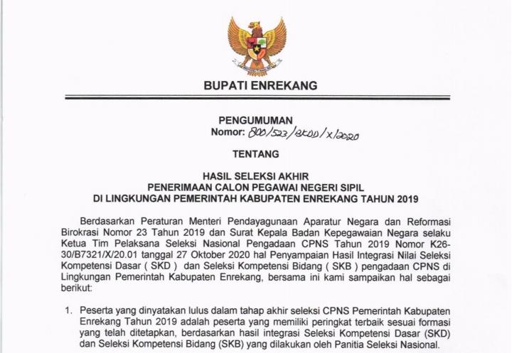 Enrekang Umumkan Hasil Akhir Seleksi CPNS 2019