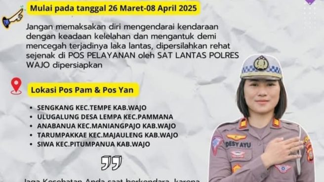 "AKP Desy Ayu Dwi Putri, Kasat Lantas Polres Wajo, memberikan imbauan kepada pengendara untuk beristirahat di Pos Pelayanan demi keselamatan di perjalanan."