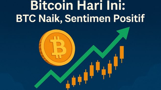 Ilustrasi pergerakan harga Bitcoin dengan simbol BTC emas dan grafik candlestick hijau yang menunjukkan tren naik.
