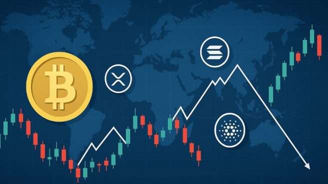 Grafik digital yang menunjukkan tren harga Bitcoin dan altcoin di tengah dinamika pasar kripto global per 5 April 2025.