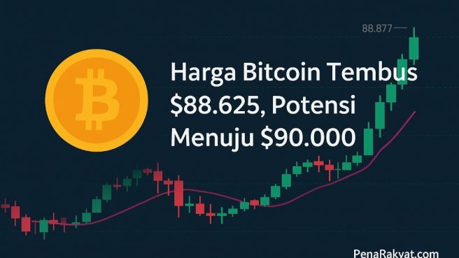 Ilustrasi grafik harga Bitcoin naik tajam menembus level $88.000 dengan latar belakang biru gelap dan watermark PenaRakyat.com.
