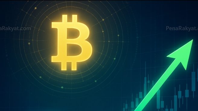 Ilustrasi grafik harga Bitcoin dengan latar belakang digital dan watermark PenaRakyat.com
