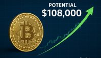 Ilustrasi Bitcoin dengan grafik harga naik dan tulisan prediksi harga $108.000, disertai watermark PenaRakyat.com.