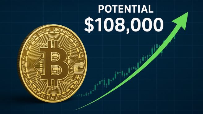 Ilustrasi Bitcoin dengan grafik harga naik dan tulisan prediksi harga $108.000, disertai watermark PenaRakyat.com.