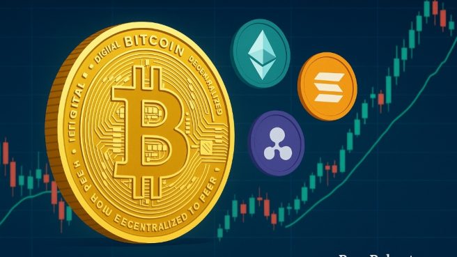 Ilustrasi Bitcoin dan altcoin seperti Ethereum, Solana, Ripple, dan Dogecoin dengan latar grafik candlestick tren pasar kripto.