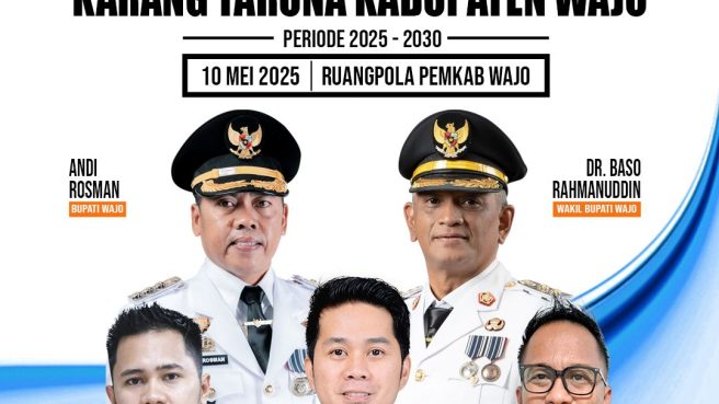 Poster ucapan selamat pelantikan Pengurus Karang Taruna Kabupaten Wajo periode 2025–2030 yang menampilkan Bupati Wajo Andi Rosman, Wakil Bupati Dr. Baso Rahmanuddin, serta pengurus Karang Taruna: Amran (Formatur Ketua Umum), Andi Dzuljalali Al Iqram (Formatur Sekretaris Umum), dan Dr. Edi Pramono Muliawan (Formatur Bendahara Umum).