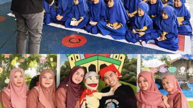 Anak-anak TK Anak Bangsa Bone antusias menyimak dongeng dari pendongeng Boneka Abi, didampingi para guru dan pendongeng pria yang mengenakan topi merah khas.