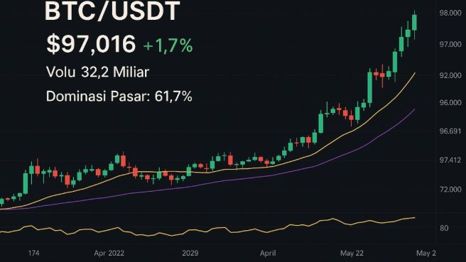 Grafik candlestick BTC/USDT menunjukkan tren kenaikan harga Bitcoin hingga $97.016 pada 2 Mei 2025 dengan dominasi pasar 61,7%.