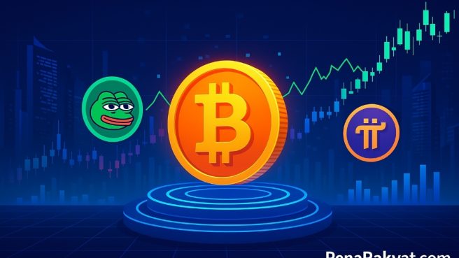 Gambar grafik pergerakan harga Bitcoin (BTC) dan Pepe Coin (PEPE) yang menunjukkan konsolidasi dan volatilitas harga.