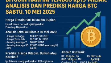 Infografik harga Bitcoin hari ini tembus Rp1,7 miliar dengan analisis teknikal dan prediksi harga BTC, serta daftar altcoin yang ikut naik.