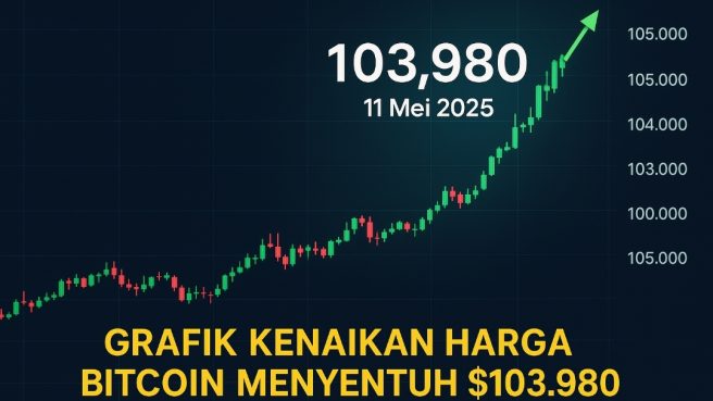 Ilustrasi grafik harga Bitcoin yang menunjukkan kenaikan hingga menyentuh angka $103.980 pada 11 Mei 2025, menampilkan tren positif di pasar kripto.