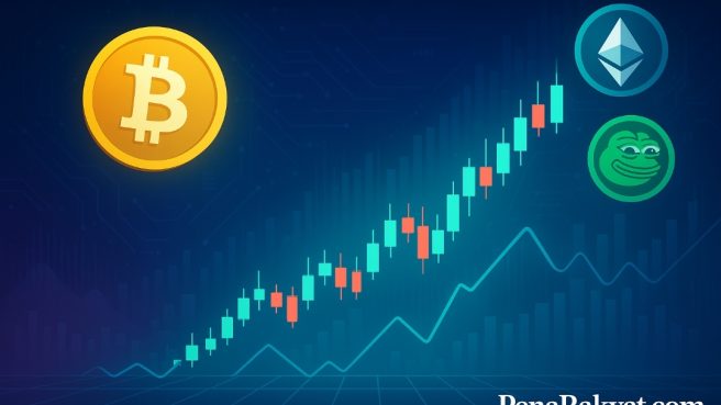 Ilustrasi analisis harga Bitcoin, Ethereum, dan Pepe Coin dalam format landscape dengan grafik candlestick dan watermark PenaRakyat.com.