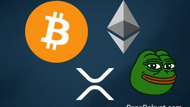Ilustrasi digital menampilkan simbol Bitcoin (BTC), Ethereum (ETH), Ripple (XRP), dan PEPE dalam format landscape dengan latar belakang futuristik dan watermark PenaRakyat.com.