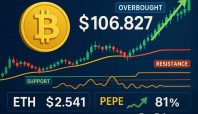 Grafik harga Bitcoin dengan tren naik hingga $106.827, indikator overbought, serta data harga Ethereum (ETH) $2.541 dan kenaikan PEPE sebesar 81%, disertai watermark PenaRakyat.com.