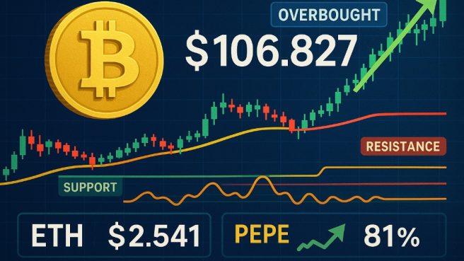 Grafik harga Bitcoin dengan tren naik hingga $106.827, indikator overbought, serta data harga Ethereum (ETH) $2.541 dan kenaikan PEPE sebesar 81%, disertai watermark PenaRakyat.com.