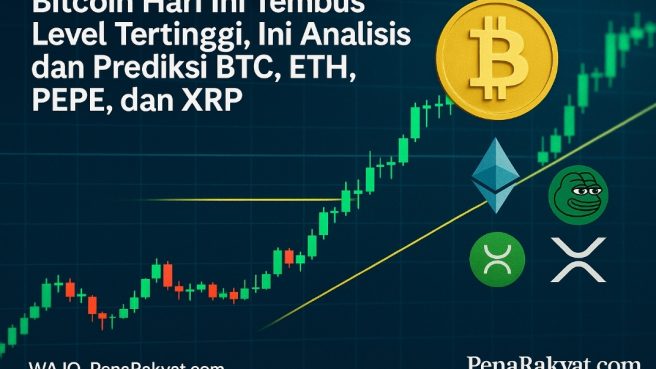 Grafik ilustrasi pasar kripto menunjukkan tren naik Bitcoin, Ethereum, PEPE, dan XRP dengan latar belakang digital modern dan watermark PenaRakyat.com.