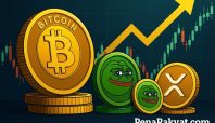 Ilustrasi digital 2D menampilkan simbol empat mata uang kripto populer—Bitcoin, Ethereum, Pepe, dan XRP—dengan latar belakang grafik harga yang naik dan warna-warna dinamis, dilengkapi watermark PenaRakyat.com.