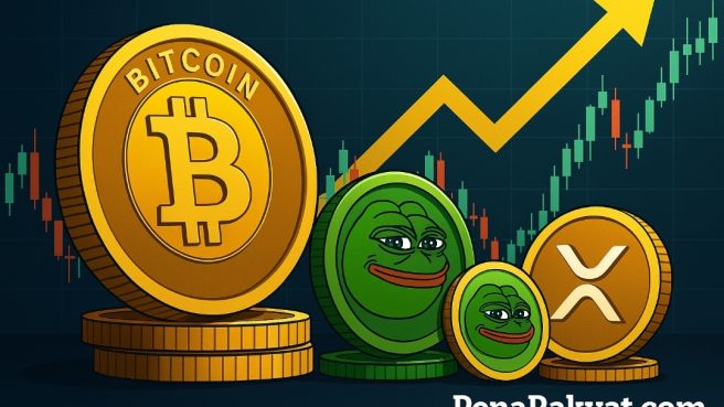 Ilustrasi digital 2D menampilkan simbol empat mata uang kripto populer—Bitcoin, Ethereum, Pepe, dan XRP—dengan latar belakang grafik harga yang naik dan warna-warna dinamis, dilengkapi watermark PenaRakyat.com.