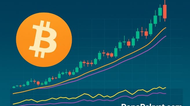 Ilustrasi digital pergerakan harga Bitcoin dengan grafik candlestick dan latar belakang futuristik, disertai watermark PenaRakyat.com.