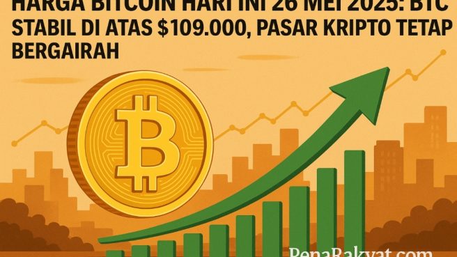 Ilustrasi digital Bitcoin dengan grafik naik dan latar kota, menunjukkan harga BTC stabil di atas $109.000.