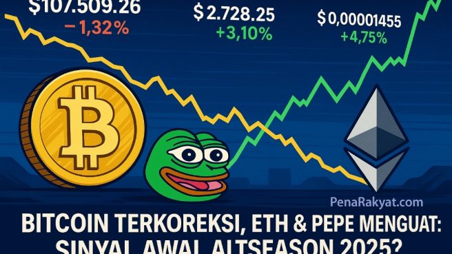 Grafik harga Bitcoin mengalami koreksi sementara grafik Ethereum dan PEPE Coin menunjukkan tren kenaikan pada pasar kripto Mei 2025.