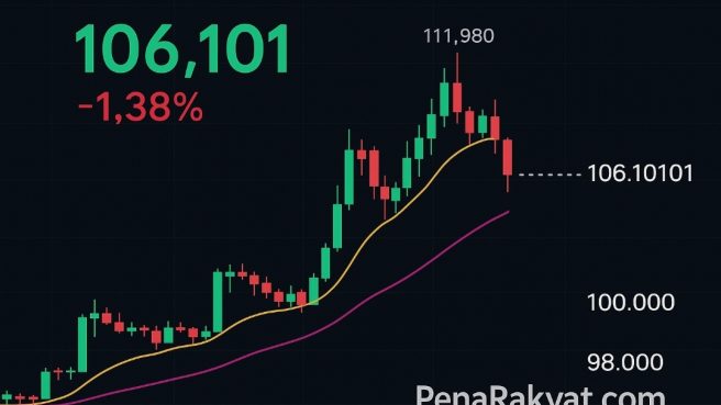 Grafik digital menampilkan tren harga Bitcoin (BTC) dengan latar belakang ilustrasi keuangan modern, menunjukkan pergerakan pasar kripto.