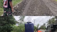 Prajurit TNI mengawasi perataan jalan oleh alat berat di pedesaan, serta warga dan TNI memasang tandon air bersih di Desa Temmabarang, Wajo.