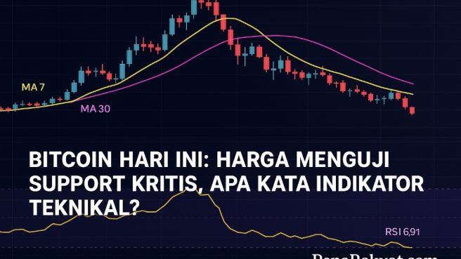 Grafik candlestick Bitcoin terbaru dengan indikator moving average 7 dan 30 hari, serta indikator RSI yang menunjukkan level oversold, disertai grafik pergerakan harga Ethereum, PEPE, dan XRP.
