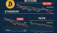 Grafik digital yang menunjukkan tren harga Bitcoin, Ethereum, dan PEPE dengan garis indikator teknikal seperti MA7, MA30, dan RSI, disertai watermark PenaRakyat.com.