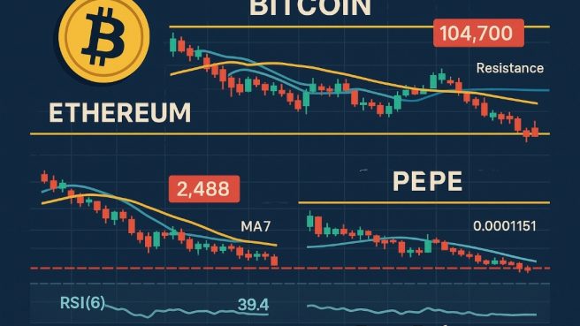 Grafik digital yang menunjukkan tren harga Bitcoin, Ethereum, dan PEPE dengan garis indikator teknikal seperti MA7, MA30, dan RSI, disertai watermark PenaRakyat.com.