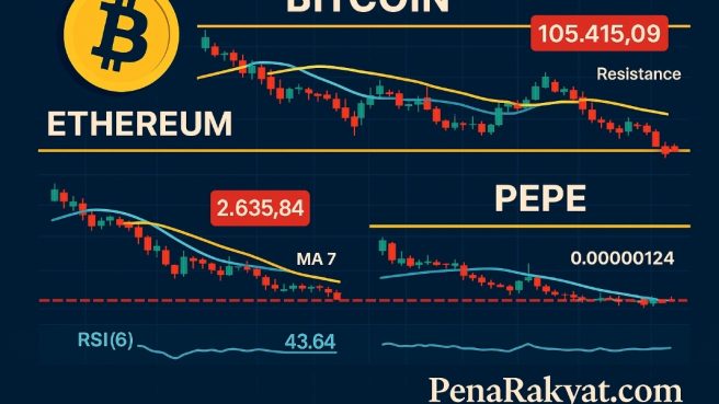 Grafik analisis teknikal Bitcoin, Ethereum, dan PEPE dalam format landscape dengan watermark PenaRakyat.com
