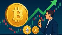 Ilustrasi pria berjas memegang koin kripto di depan grafik candlestick naik, dengan simbol Bitcoin, Ethereum, dan XRP serta panah hijau yang menunjukkan lonjakan harga pasar.