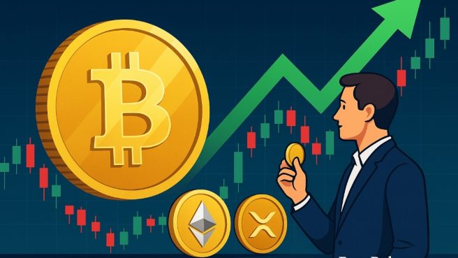 Ilustrasi pria berjas memegang koin kripto di depan grafik candlestick naik, dengan simbol Bitcoin, Ethereum, dan XRP serta panah hijau yang menunjukkan lonjakan harga pasar.