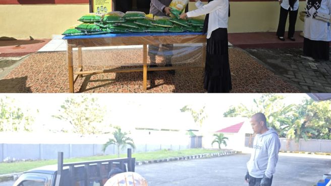 Gabungan dua foto kegiatan Gerakan Pangan Murah Polsek Gilireng, menampilkan Kapolsek IPTU Antonius Pasakke menyerahkan beras kepada warga dan personel memindahkan beras SPHP dari mobil bak terbuka.