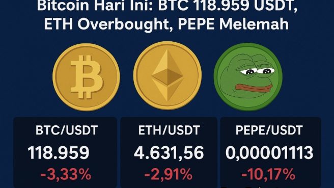 Grafik digital yang menampilkan pergerakan harga Bitcoin, Ethereum, dan PEPE dengan tren penurunan dan level support-resistance utama di pasar kripto hari ini.