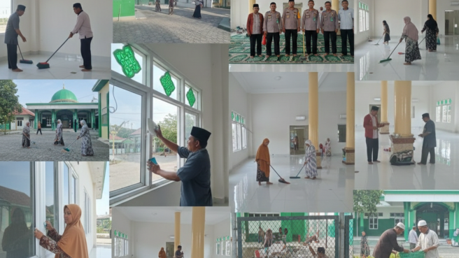 Kolase foto warga, penyuluh agama, dan petugas keamanan bekerja bakti membersihkan area dalam dan luar Masjid Jami'atuzzikra Majauleng dalam rangka program Geber BBM 2026.