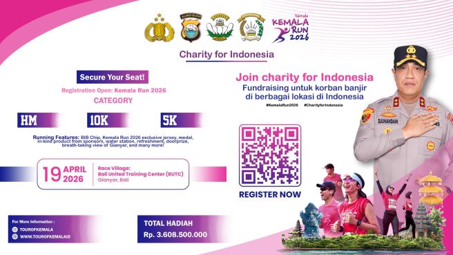 Poster resmi Kemala Run 2026 Charity for Indonesia dengan rincian kategori 21K, 10K, dan 5K.
