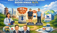 Ilustrasi hasil uji klinis fase 2 obat UBT251 di Tiongkok yang menunjukkan penurunan berat badan hingga 19,7 persen, menampilkan perbandingan berat badan sebelum dan sesudah terapi serta elemen medis dan latar gedung perusahaan farmasi.