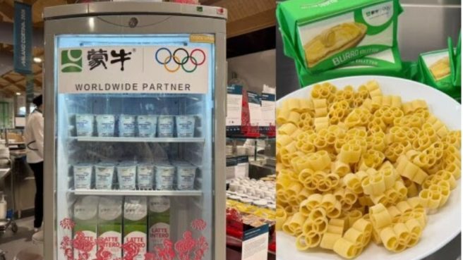 Produk susu murni, yogurt bebas laktosa, dan mentega Mengniu yang tersedia di Kampung Olimpiade Milan 2026.