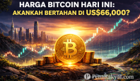 Grafik harga Bitcoin hari ini menunjukkan koin BTC emas di atas tebing dengan latar belakang kota dan diagram candlestick yang sedang naik turun di atas air.