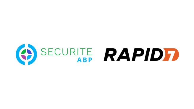 Logo resmi ABP Securite dan Rapid7 yang disandingkan berdampingan di atas latar belakang putih sebagai simbol kemitraan strategis keamanan siber.