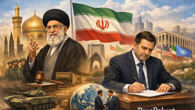 Ilustrasi kolase sistem politik Iran yang menampilkan sosok Pemimpin Tertinggi dengan latar belakang militer dan masjid di sisi kiri, serta sosok Presiden sedang menandatangani berkas dengan latar belakang gedung pemerintahan dan bendera PBB di sisi kanan.