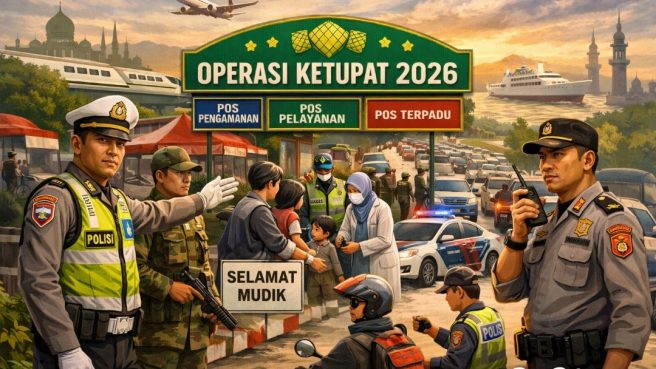 Ilustrasi petugas gabungan Polri, TNI, dan tim medis sedang berjaga di Pos Pengamanan Operasi Ketupat 2026 dengan latar belakang arus mudik yang ramai.