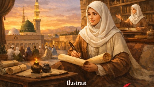 Ilustrasi Sayyidah Aisyah binti Abu Bakar sedang menulis di atas gulungan naskah dengan latar belakang Masjid Nabawi saat matahari terbenam.